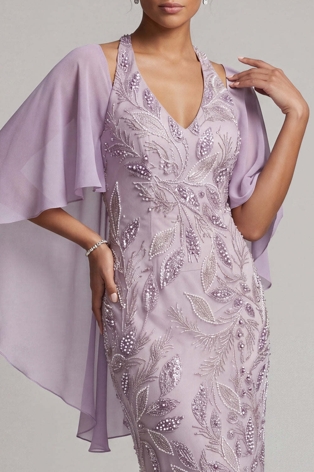 Floral Lilac Pencil Sparkly Halter Beaded Midi Wedding Guest Dress with Cape