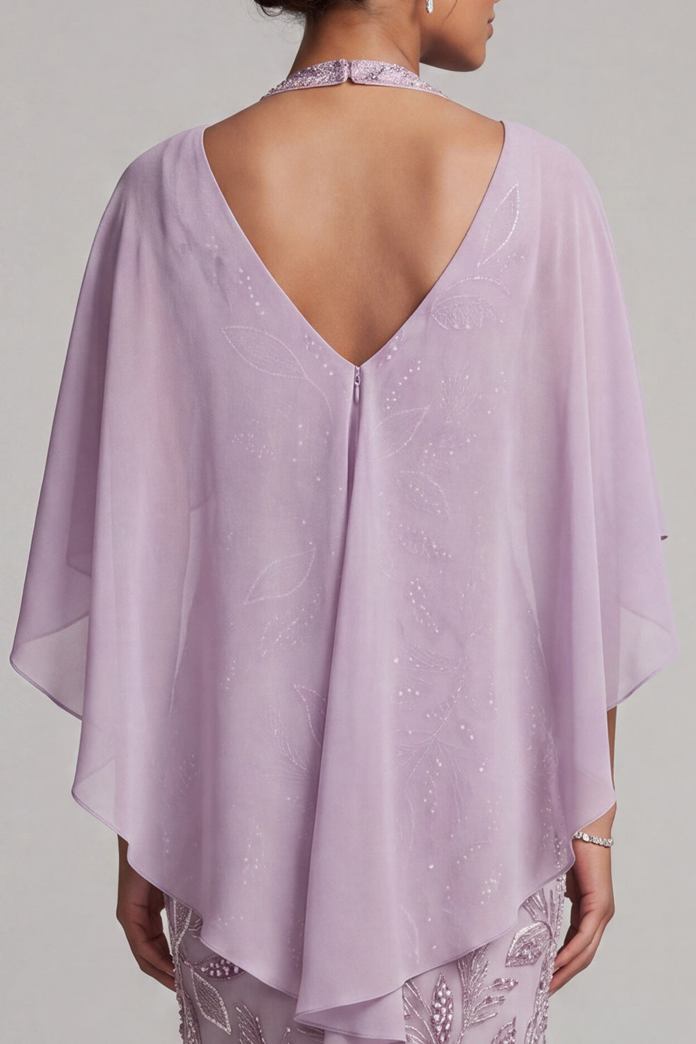 Floral Lilac Pencil Sparkly Halter Beaded Midi Wedding Guest Dress with Cape