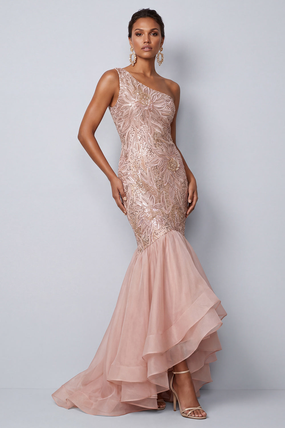 Pink Sequin Sparkly Mermaid One Shoulder Tiered Long Wedding Guest Dress