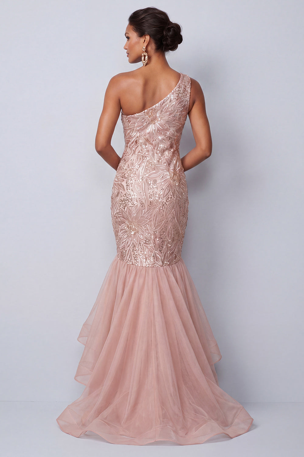 Pink Sequin Sparkly Mermaid One Shoulder Tiered Long Wedding Guest Dress