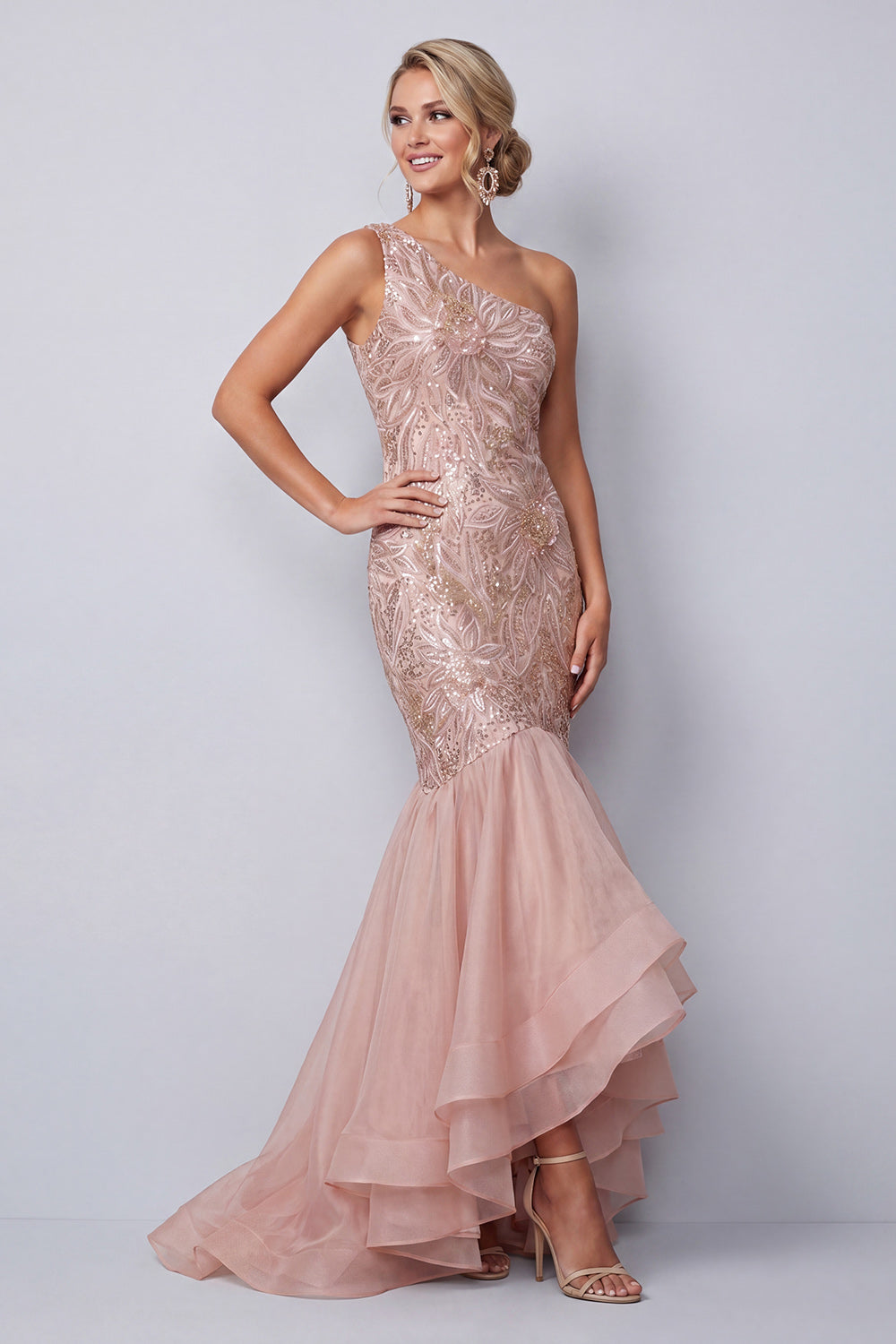 Pink Sequin Sparkly Mermaid One Shoulder Tiered Long Wedding Guest Dress