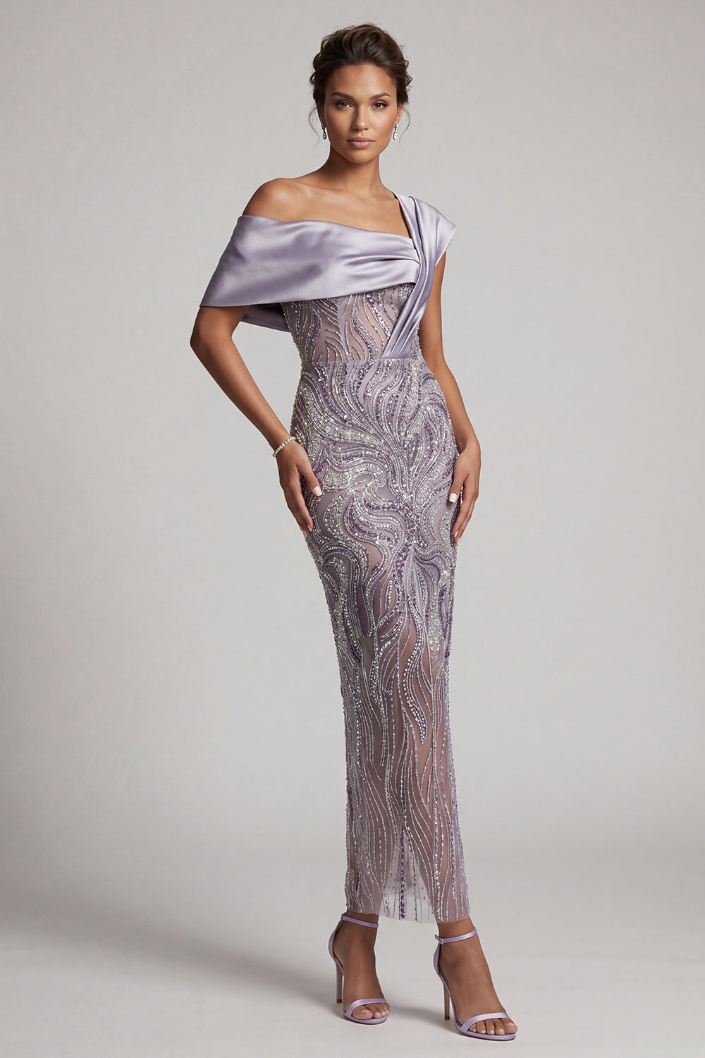 Sparkly Lilac Asymmetrical Neck Sheath Beaded Long Wedding Guest Dress