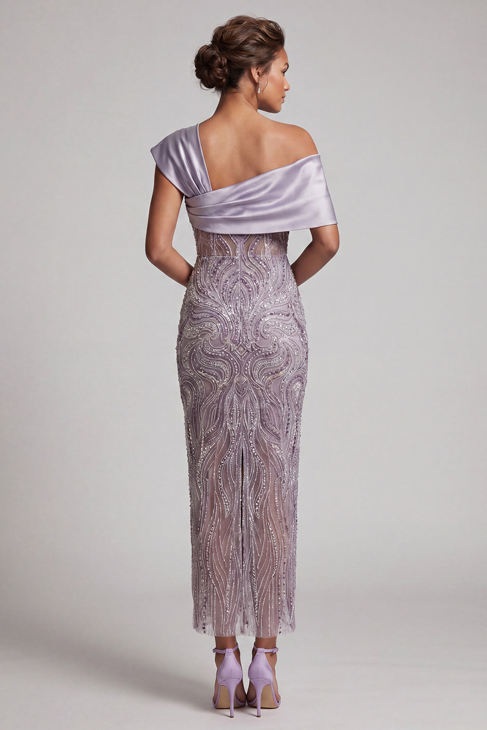 Sparkly Lilac Asymmetrical Neck Sheath Beaded Long Wedding Guest Dress