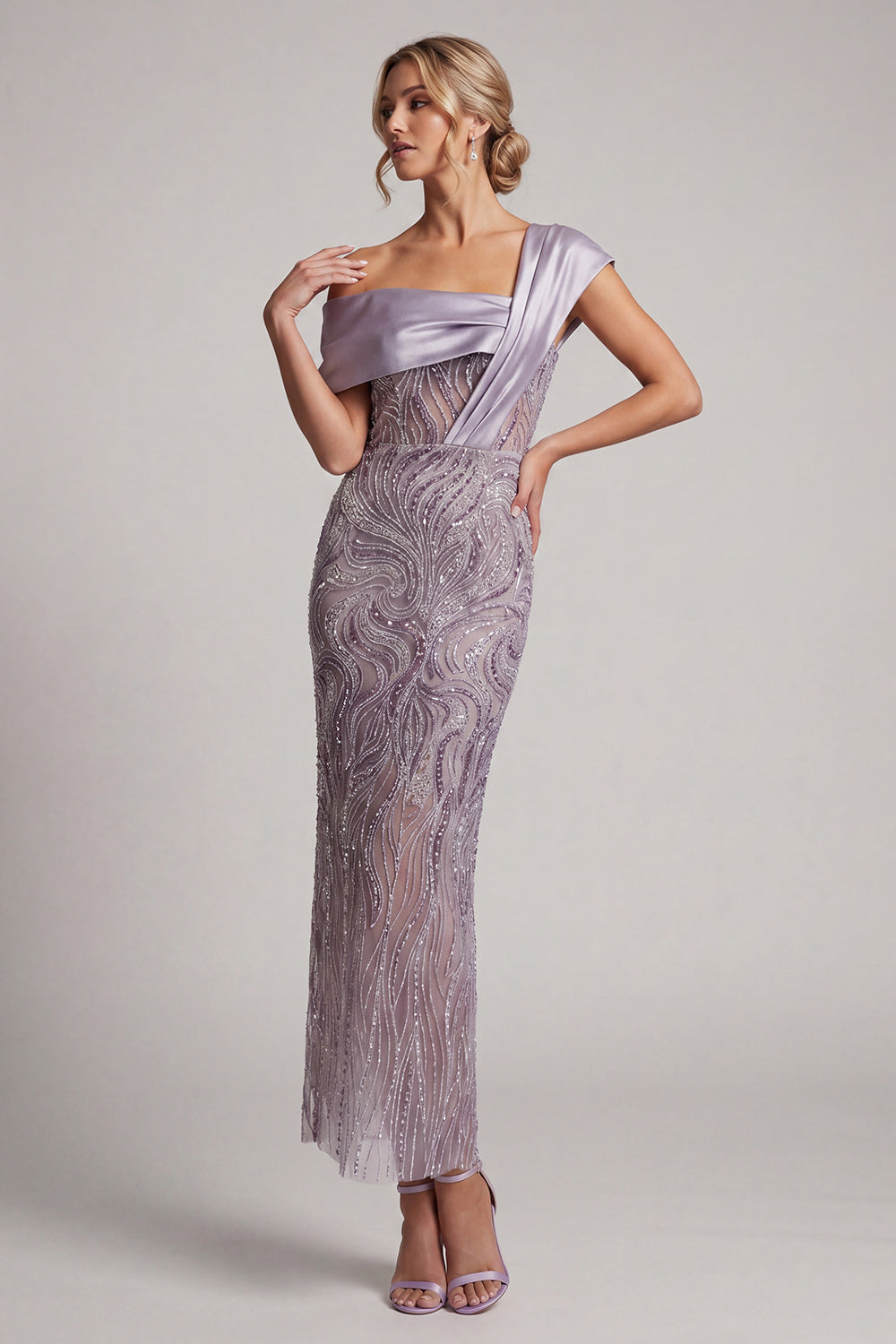Sparkly Lilac Asymmetrical Neck Sheath Beaded Long Wedding Guest Dress