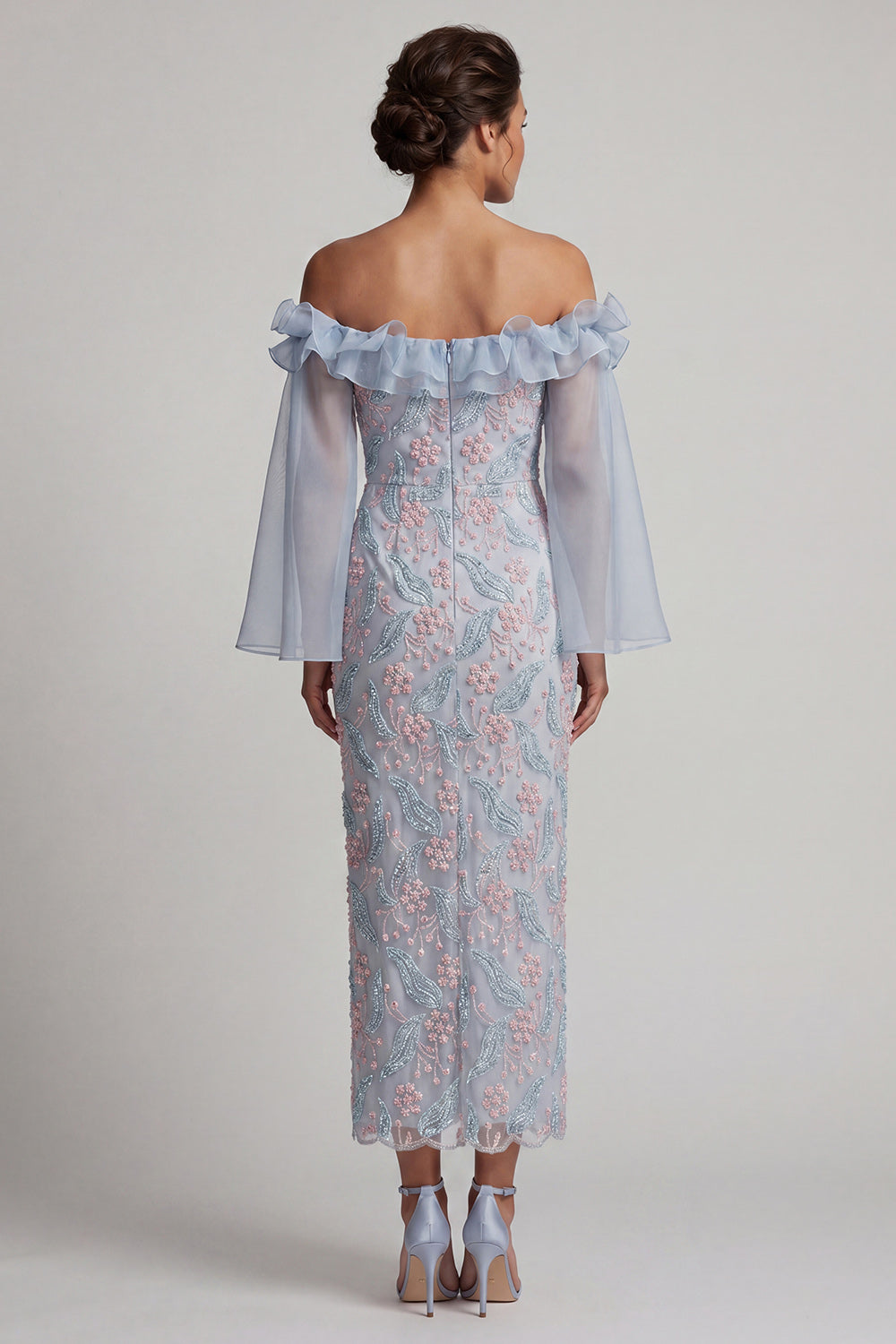 Dusty Blue Off the Shoulder Sheath Ruffled Midi Floral Wedding Guest Dress