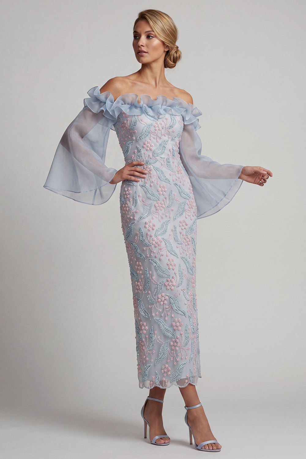Dusty Blue Off the Shoulder Sheath Ruffled Midi Floral Wedding Guest Dress