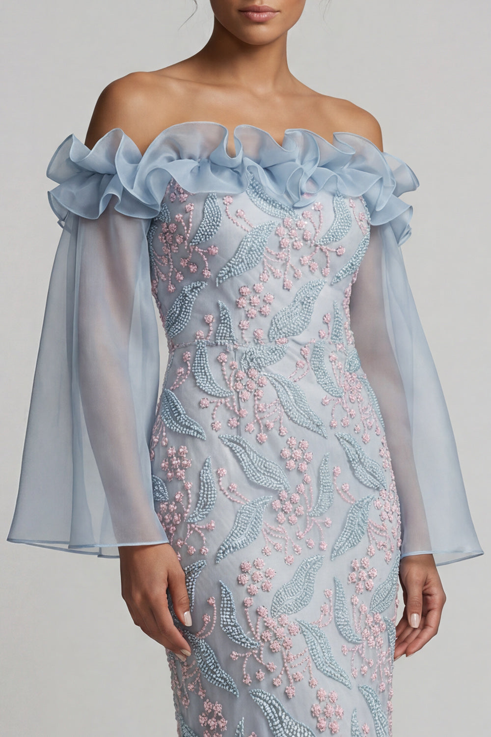 Dusty Blue Off the Shoulder Sheath Ruffled Midi Floral Wedding Guest Dress