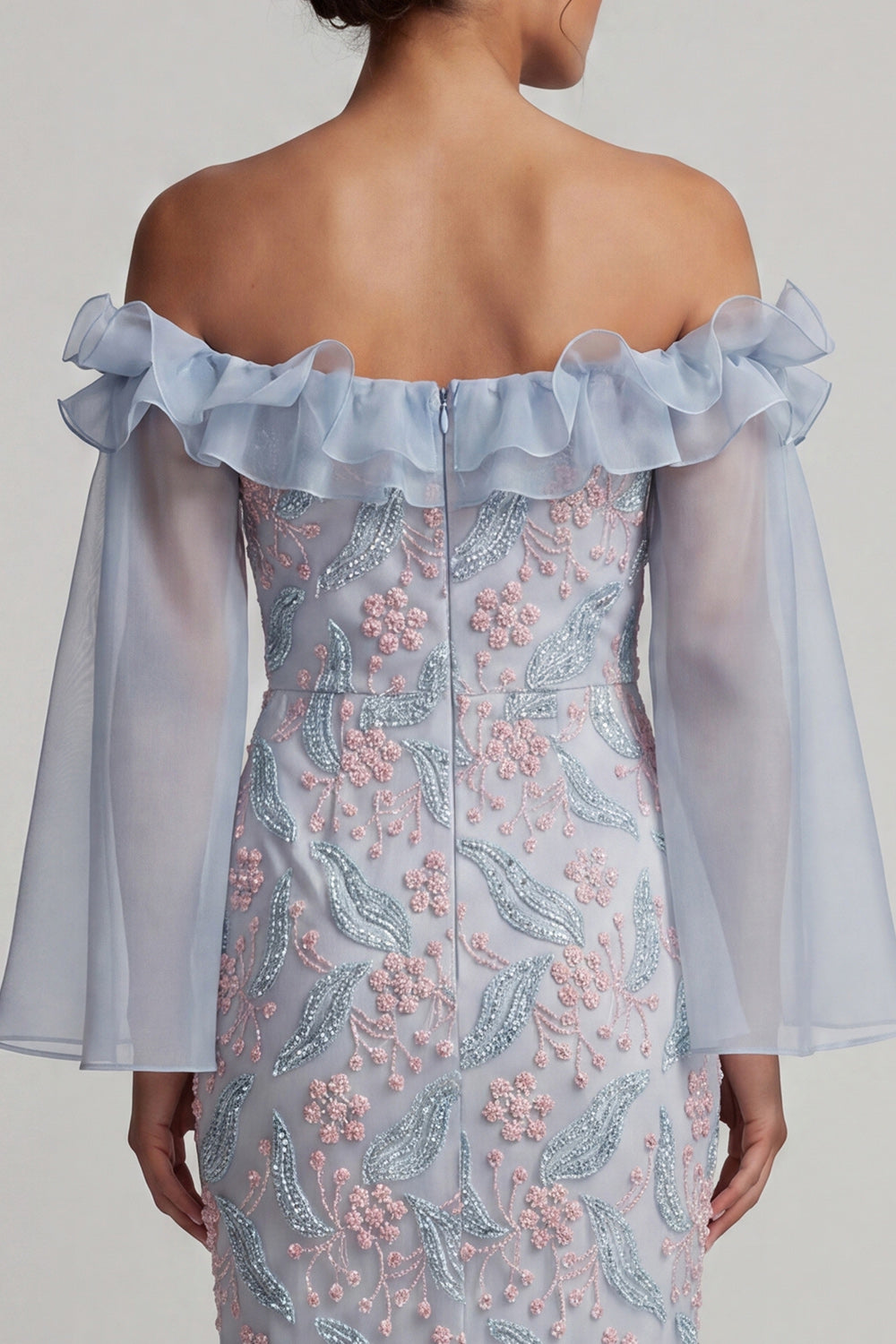 Dusty Blue Off the Shoulder Sheath Ruffled Midi Floral Wedding Guest Dress