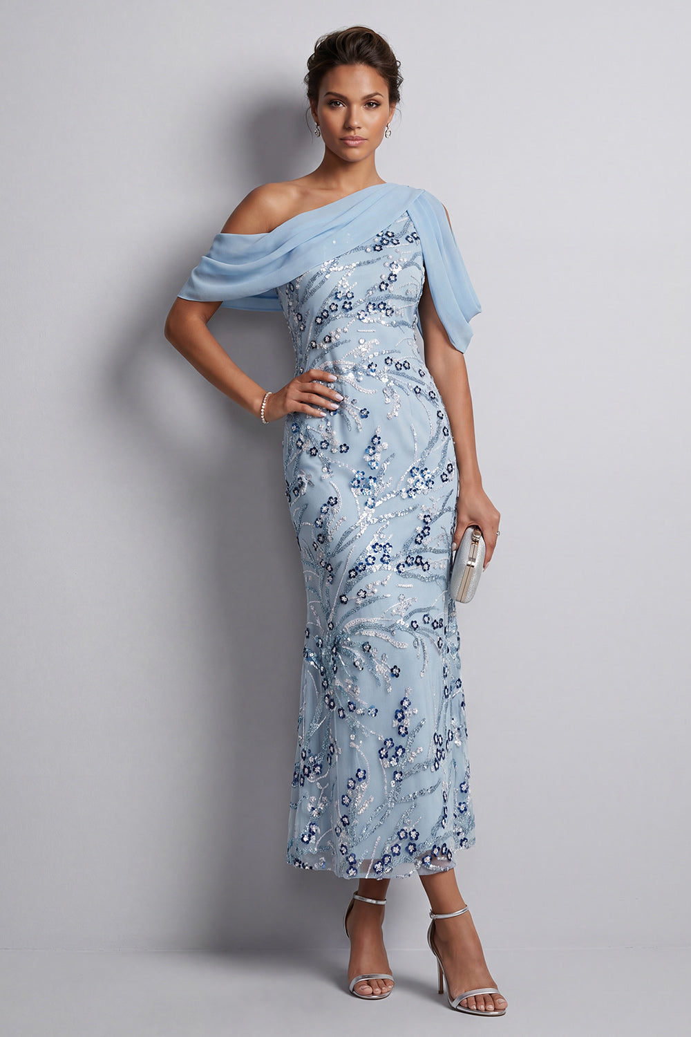 Floral Sequin Sky Blue Sheath Sparkly One Shoulder Midi Wedding Guest Dress