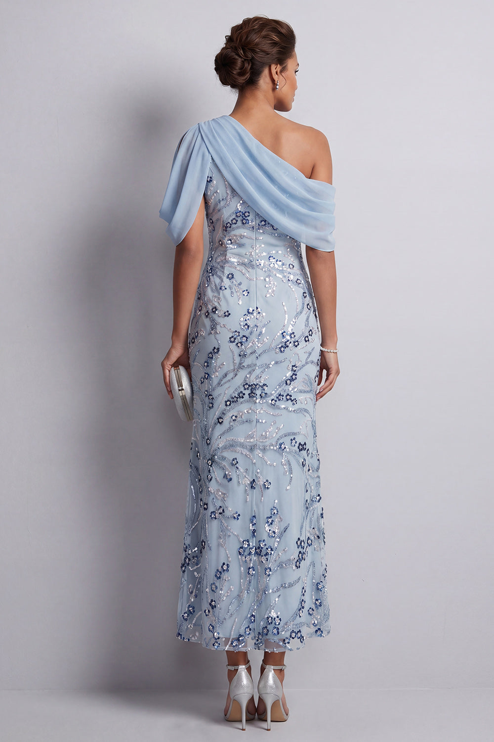 Floral Sequin Sky Blue Sheath Sparkly One Shoulder Midi Wedding Guest Dress