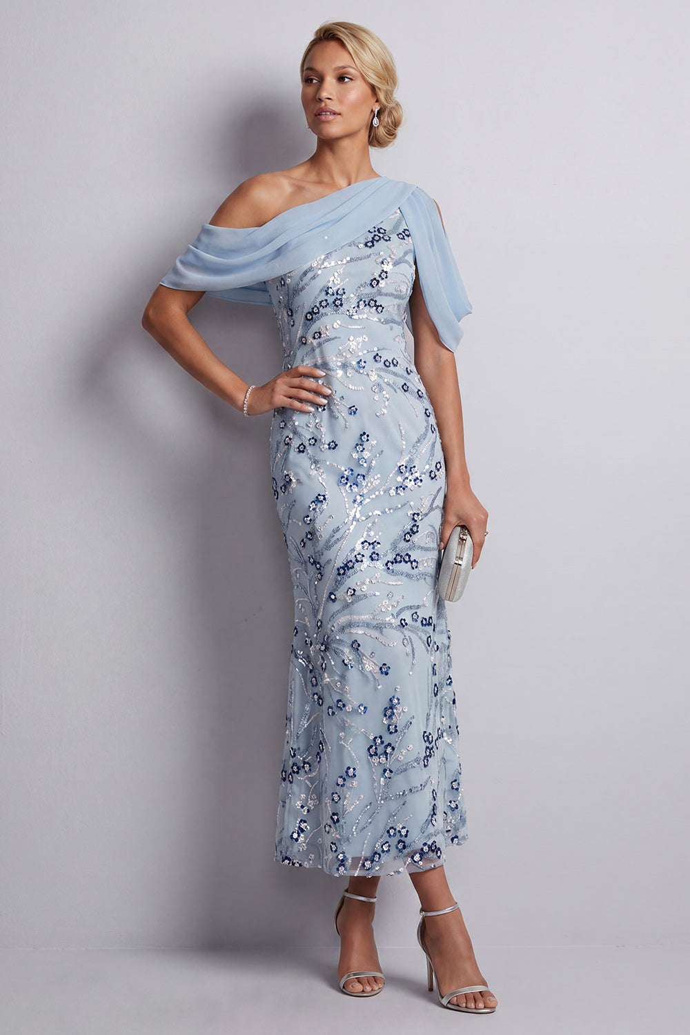 Floral Sequin Sky Blue Sheath Sparkly One Shoulder Midi Wedding Guest Dress