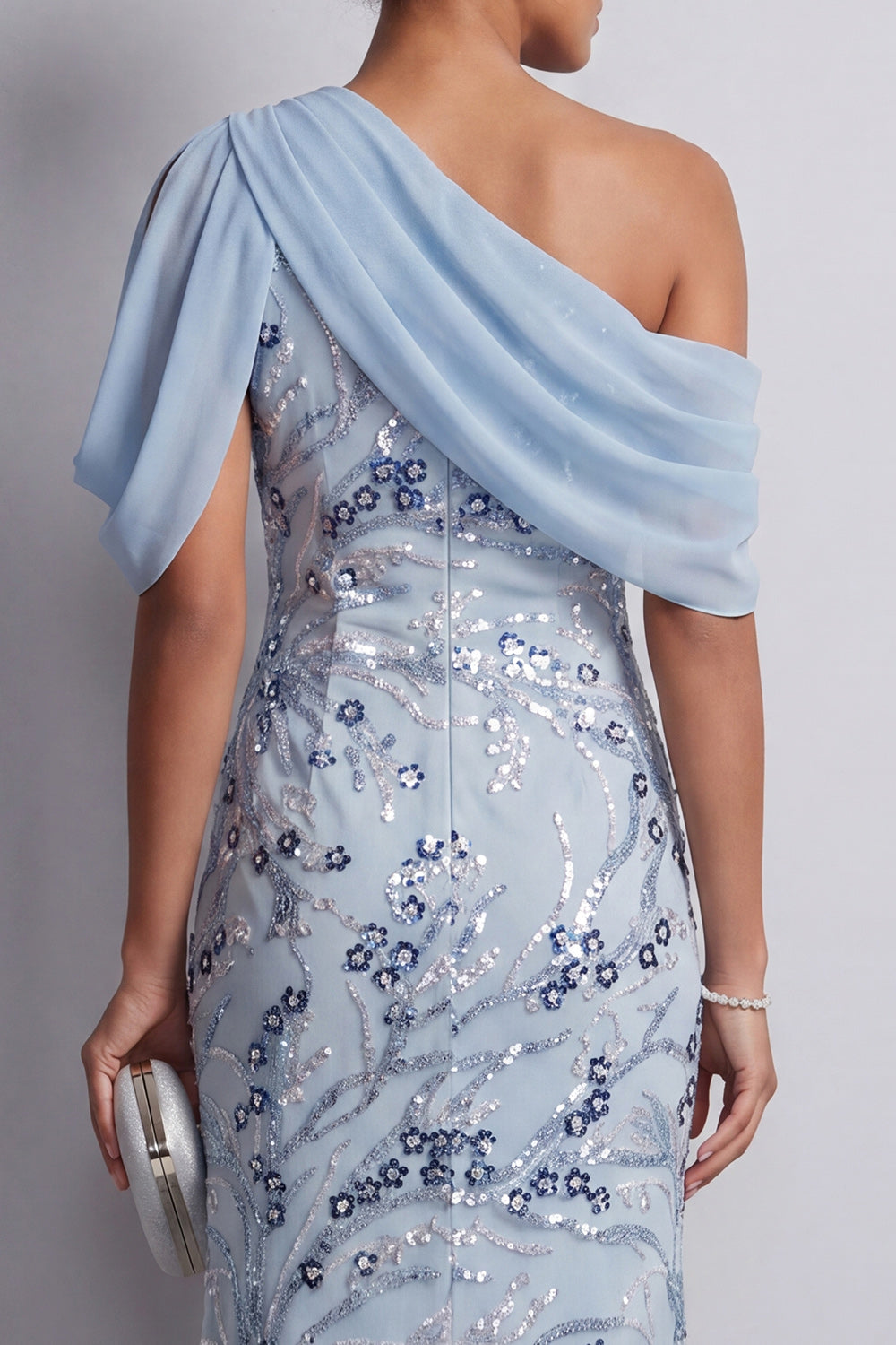 Floral Sequin Sky Blue Sheath Sparkly One Shoulder Midi Wedding Guest Dress