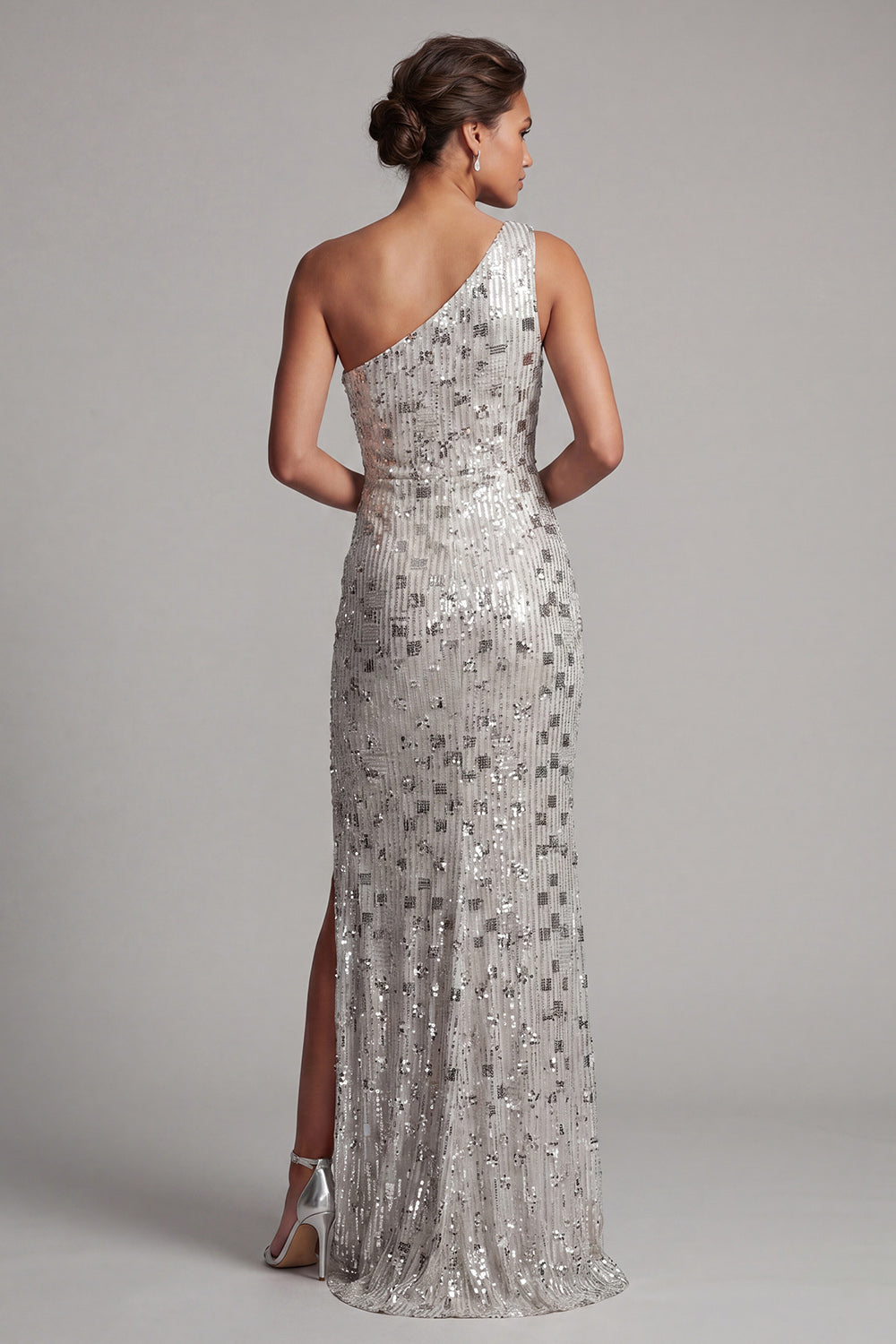 Silver Sparkly One Shoulder Ruched Long Wedding Guest Dress with Slit