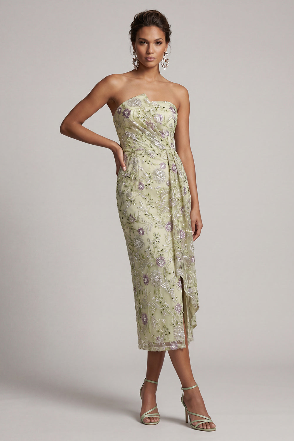 Floral Strapless Dusty Sage Ruched Midi Wedding Guest Dress