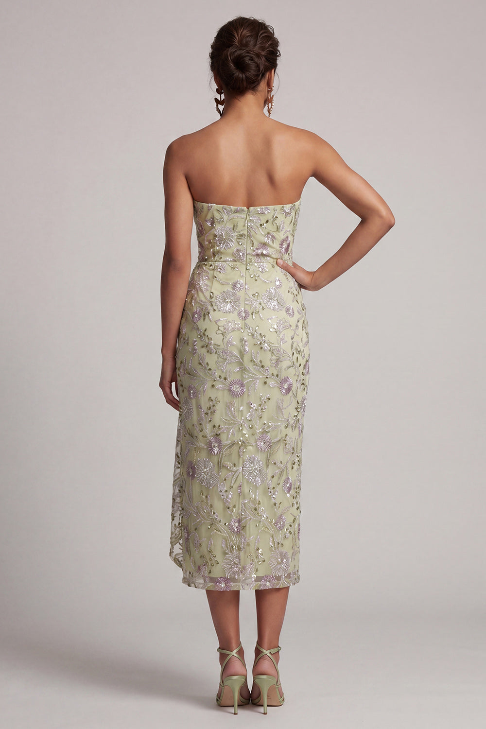 Floral Strapless Dusty Sage Ruched Midi Wedding Guest Dress