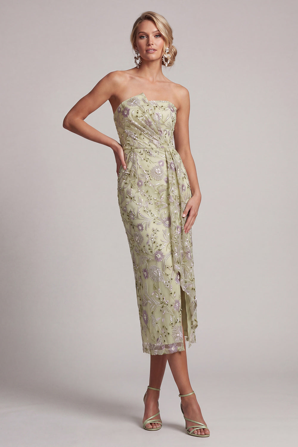 Floral Strapless Dusty Sage Ruched Midi Wedding Guest Dress