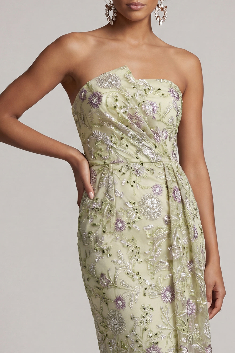 Floral Strapless Dusty Sage Ruched Midi Wedding Guest Dress