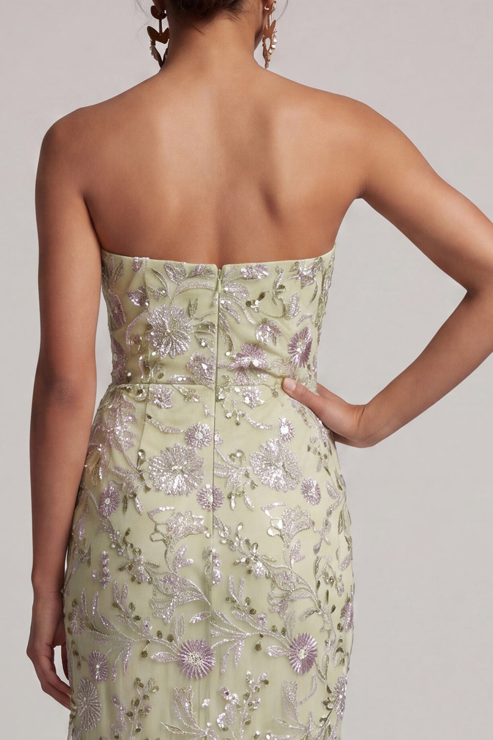 Floral Strapless Dusty Sage Ruched Midi Wedding Guest Dress