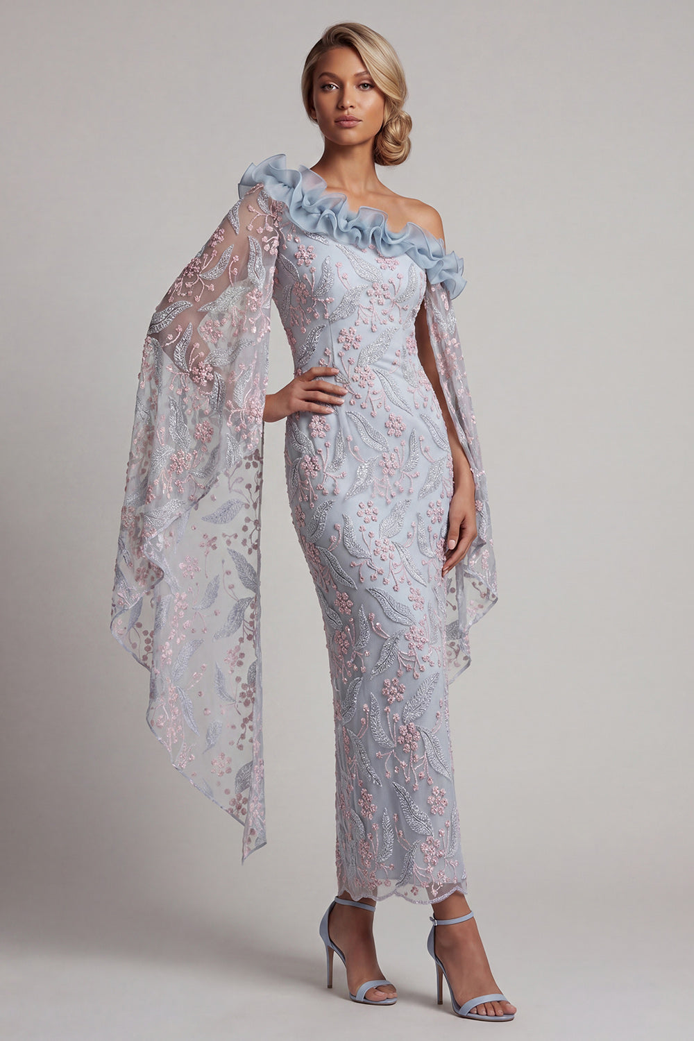 Dusty Blue Sheath One Shoulder Long Floral Wedding Guest Dress