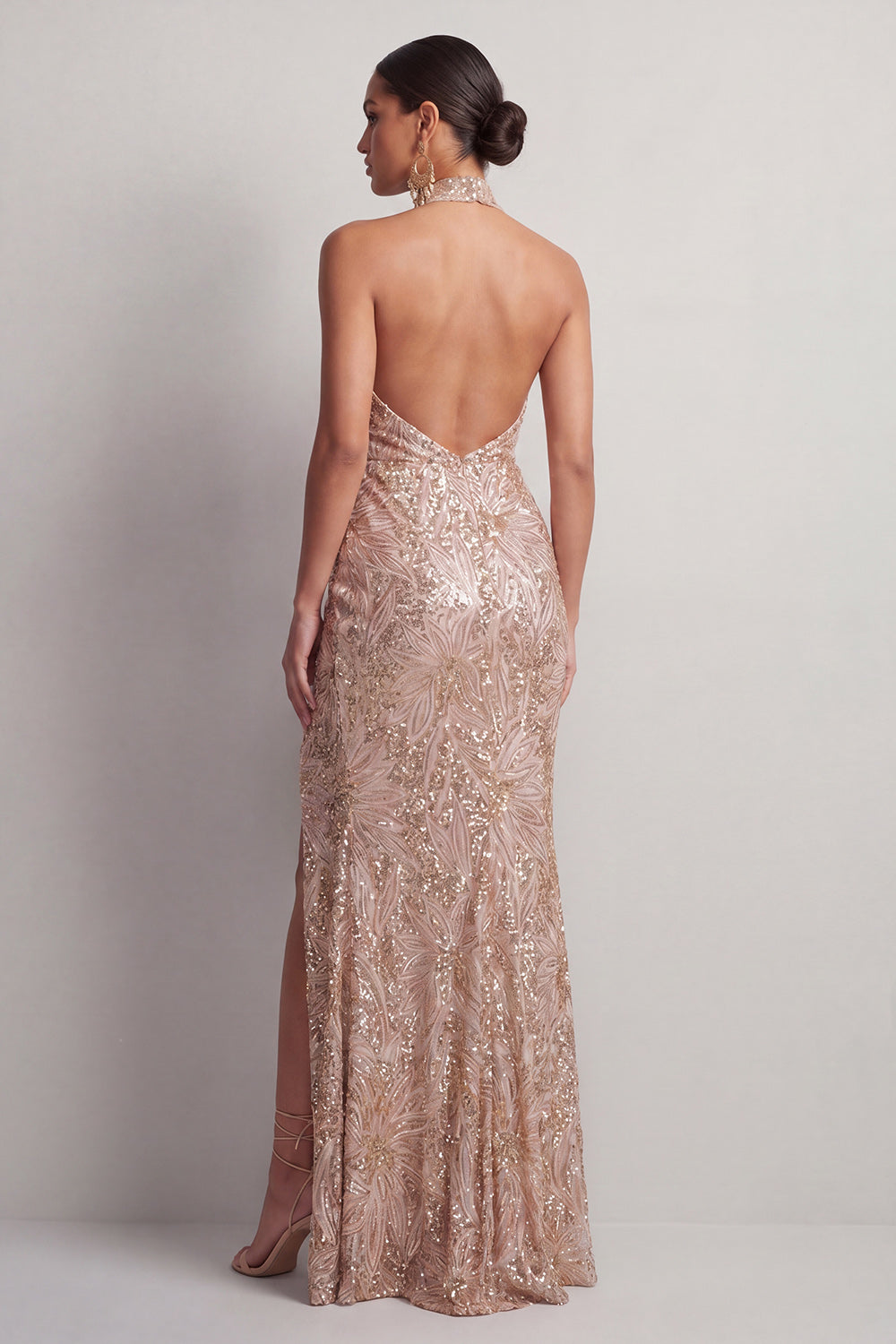 Sparkly Champagne High Neck Ruched Sequin Long Wedding Guest Dress with Slit