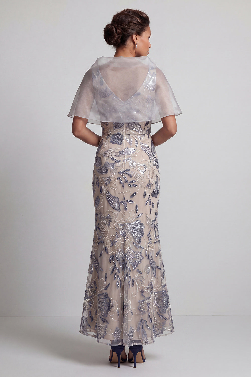  Floral Mermaid Silver V-Neck Long Wedding Guest Dress