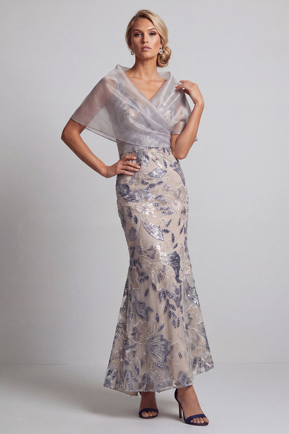  Floral Mermaid Silver V-Neck Long Wedding Guest Dress