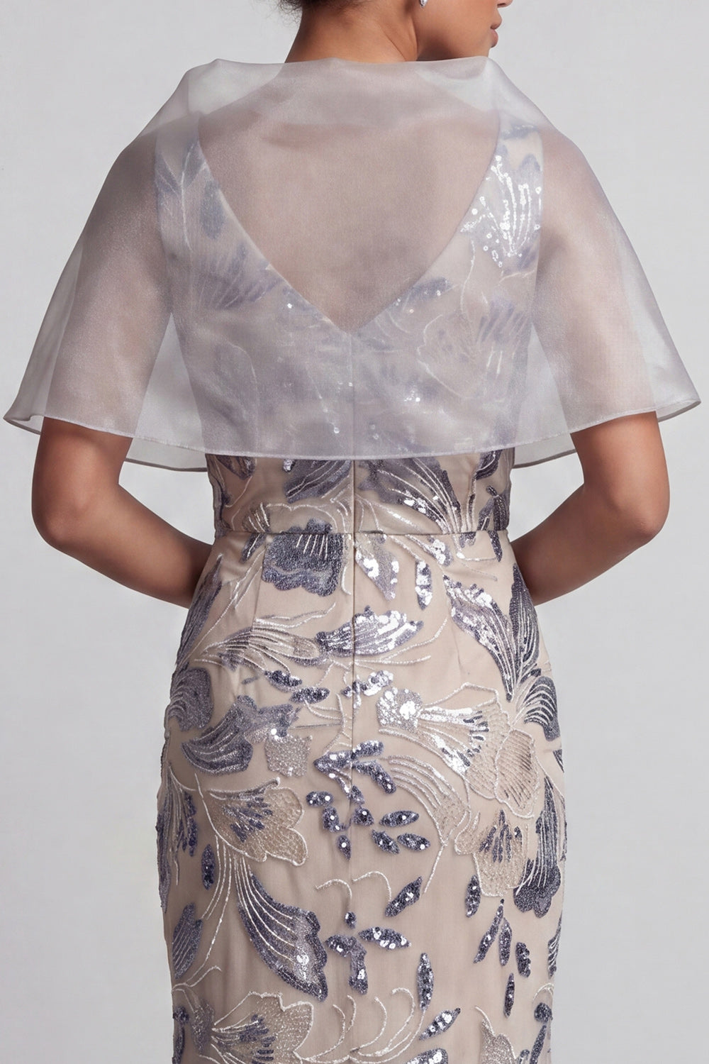  Floral Mermaid Silver V-Neck Long Wedding Guest Dress