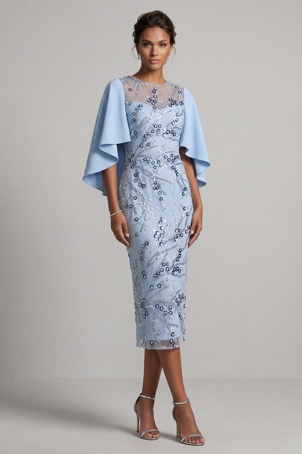 Floral Sky Blue Bodycon Sparkly Beaded Midi Wedding Guest Dress with Cape