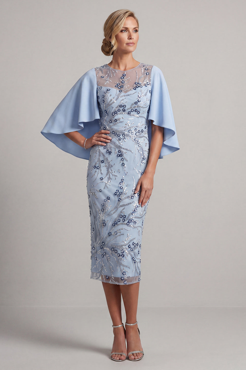 Floral Sky Blue Bodycon Sparkly Beaded Midi Wedding Guest Dress with Cape