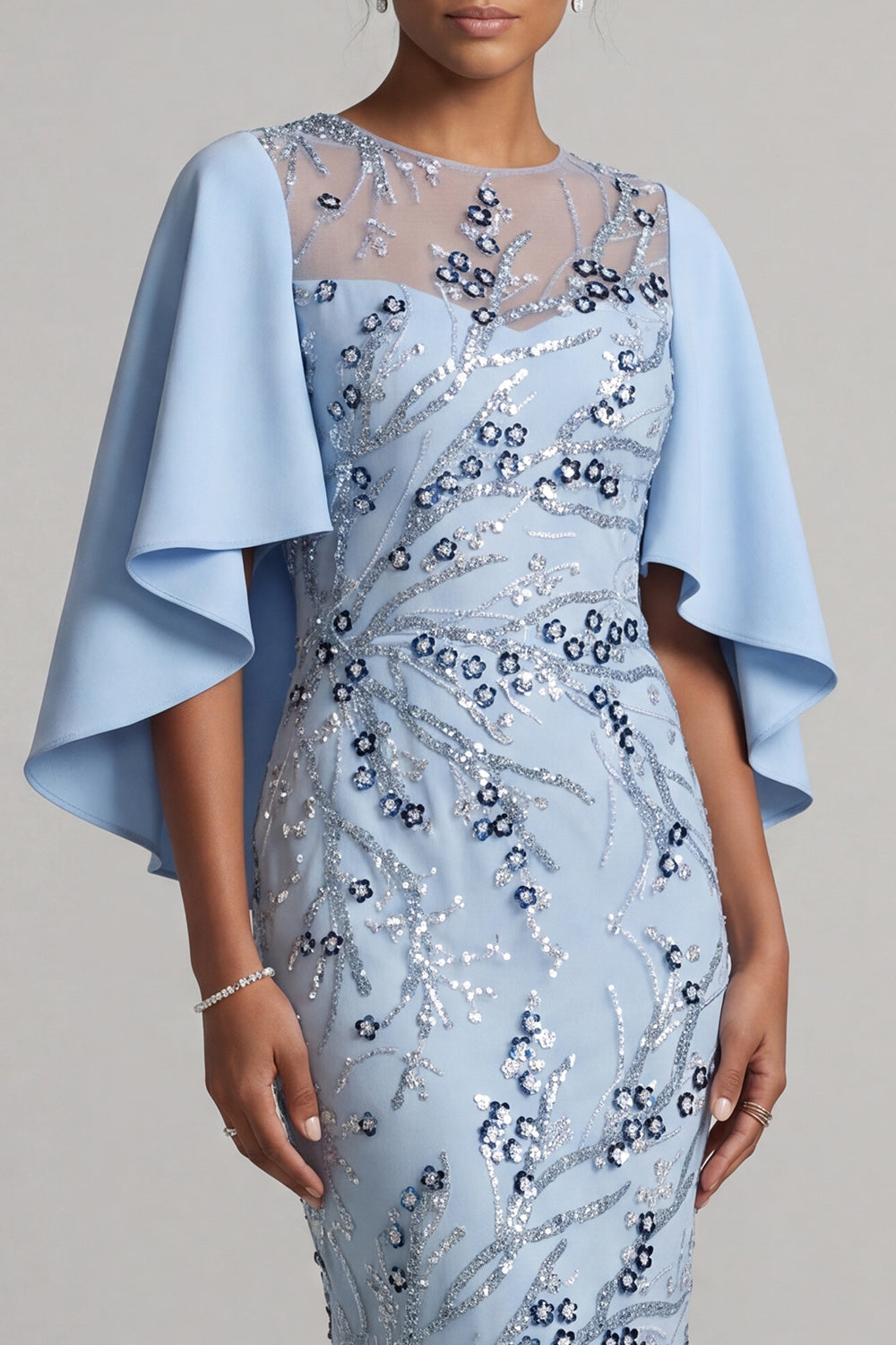 Floral Sky Blue Bodycon Sparkly Beaded Midi Wedding Guest Dress with Cape