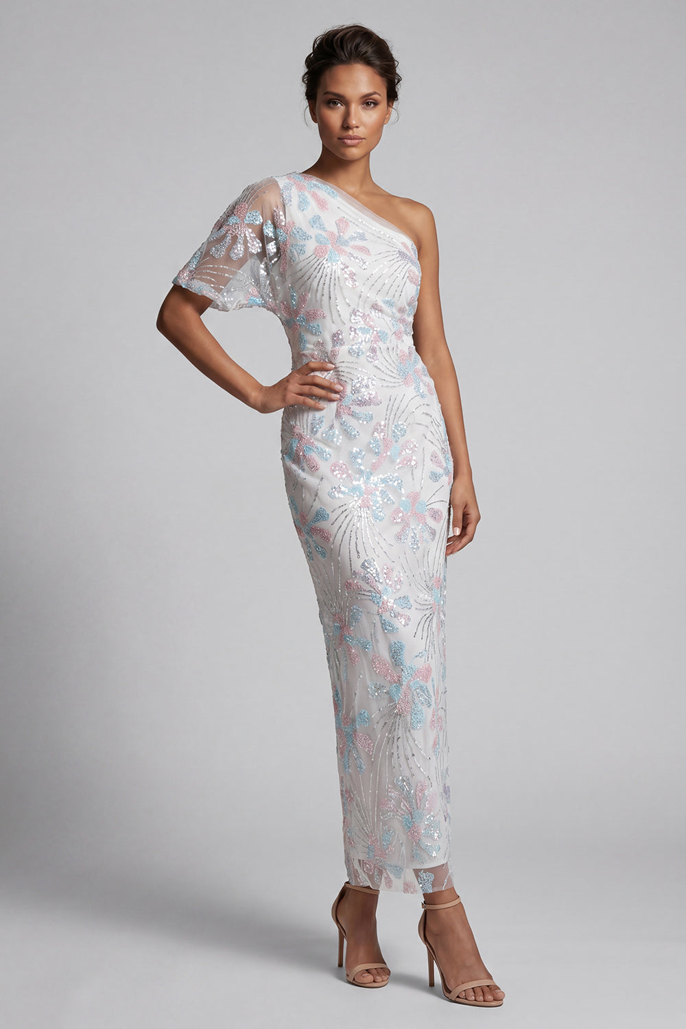 White Sheath One Shoulder Sequins Long Sparkly Floral Wedding Guest Dress