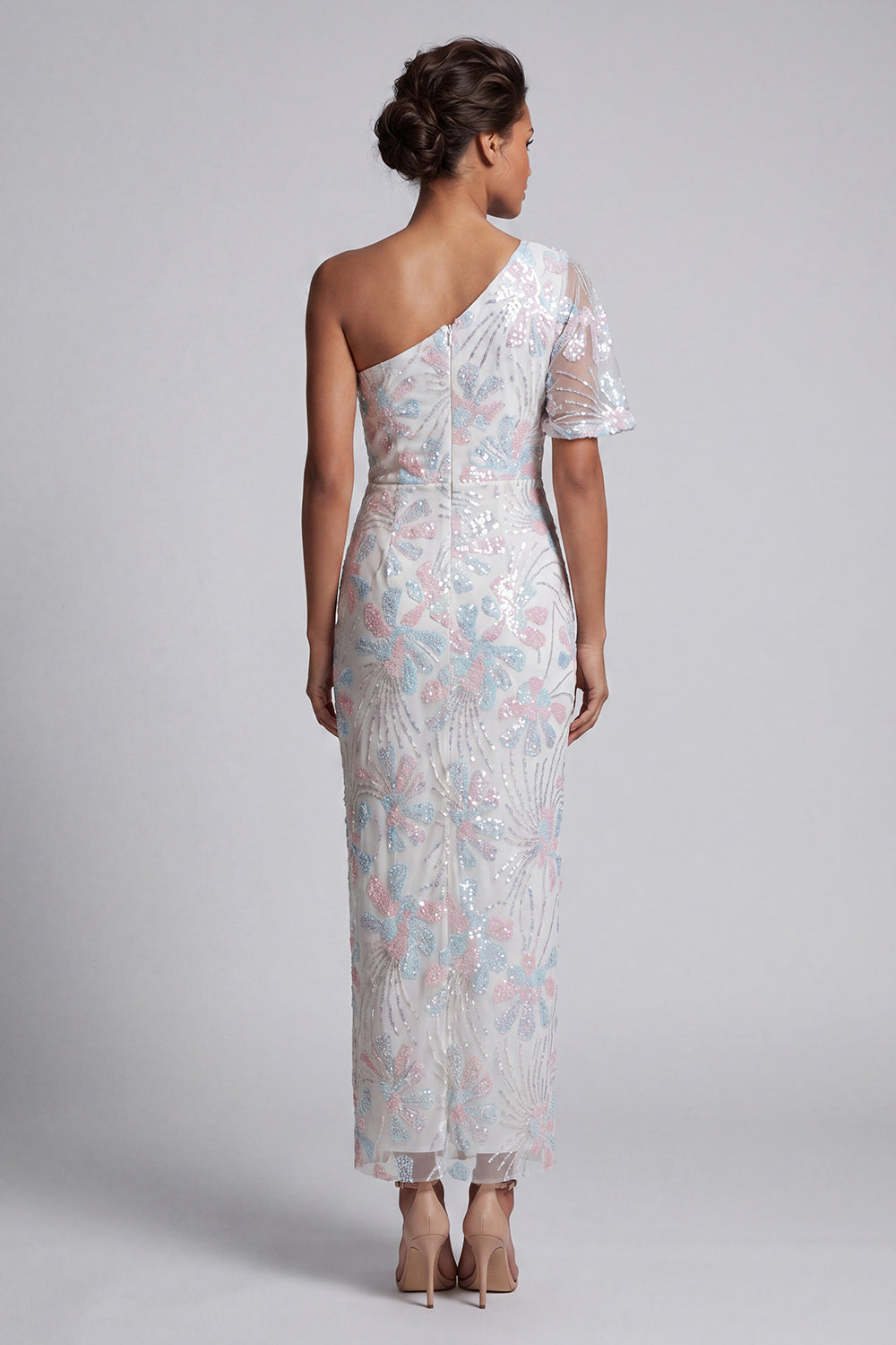 White Sheath One Shoulder Sequins Long Sparkly Floral Wedding Guest Dress