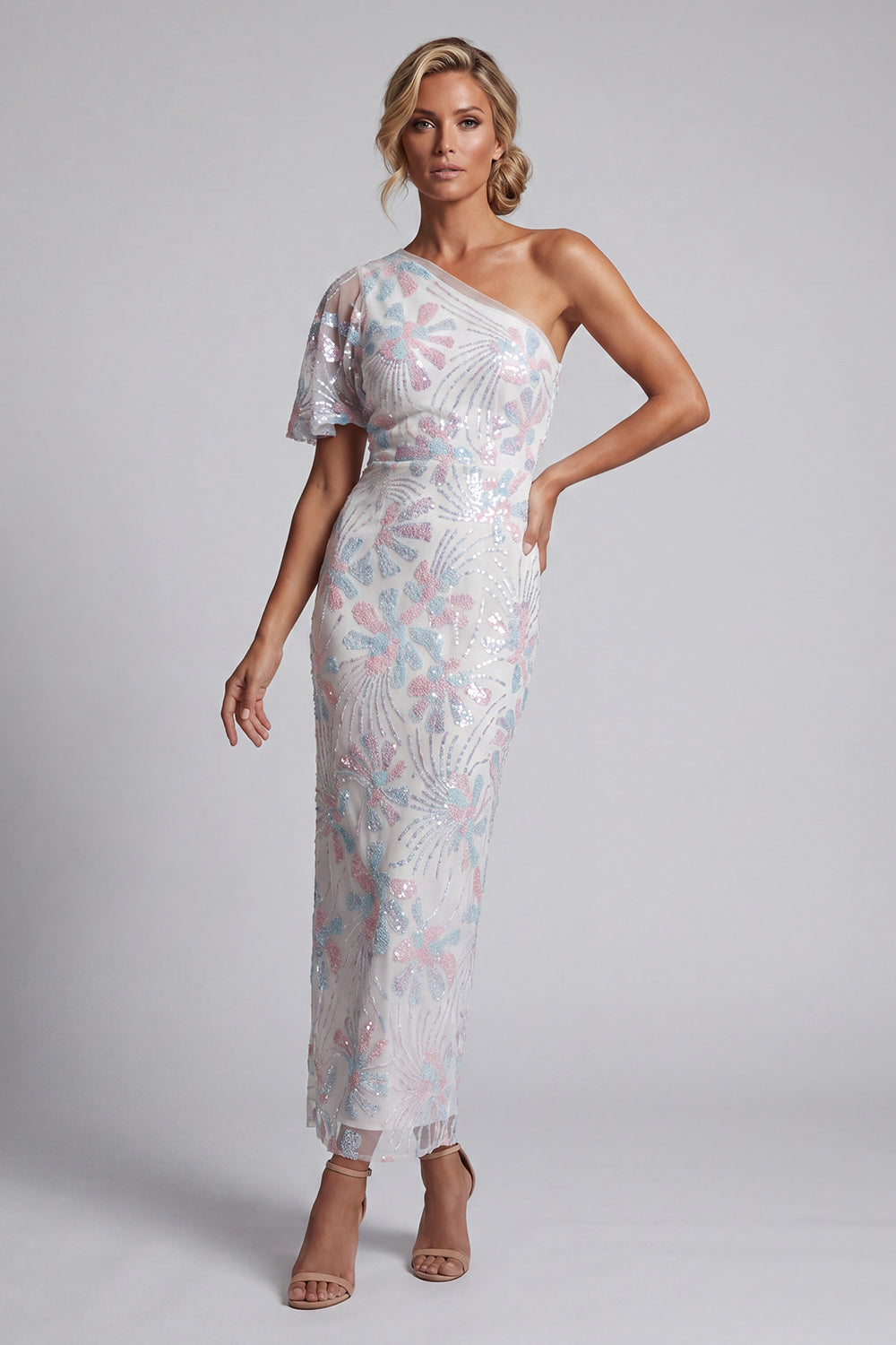 White Sheath One Shoulder Sequins Long Sparkly Floral Wedding Guest Dress