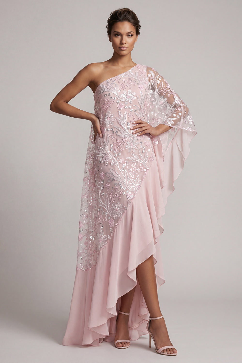 Sparkly Pink Beaded One Shoulder Asymmetrical Floral Wedding Guest Dress