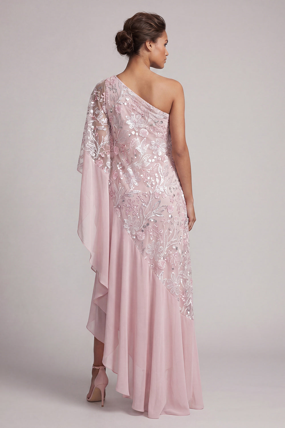 Sparkly Pink Beaded One Shoulder Asymmetrical Floral Wedding Guest Dress