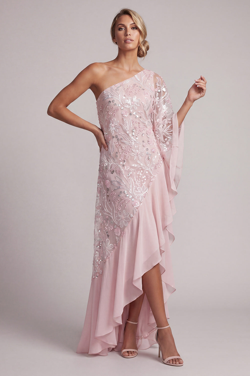 Sparkly Pink Beaded One Shoulder Asymmetrical Floral Wedding Guest Dress