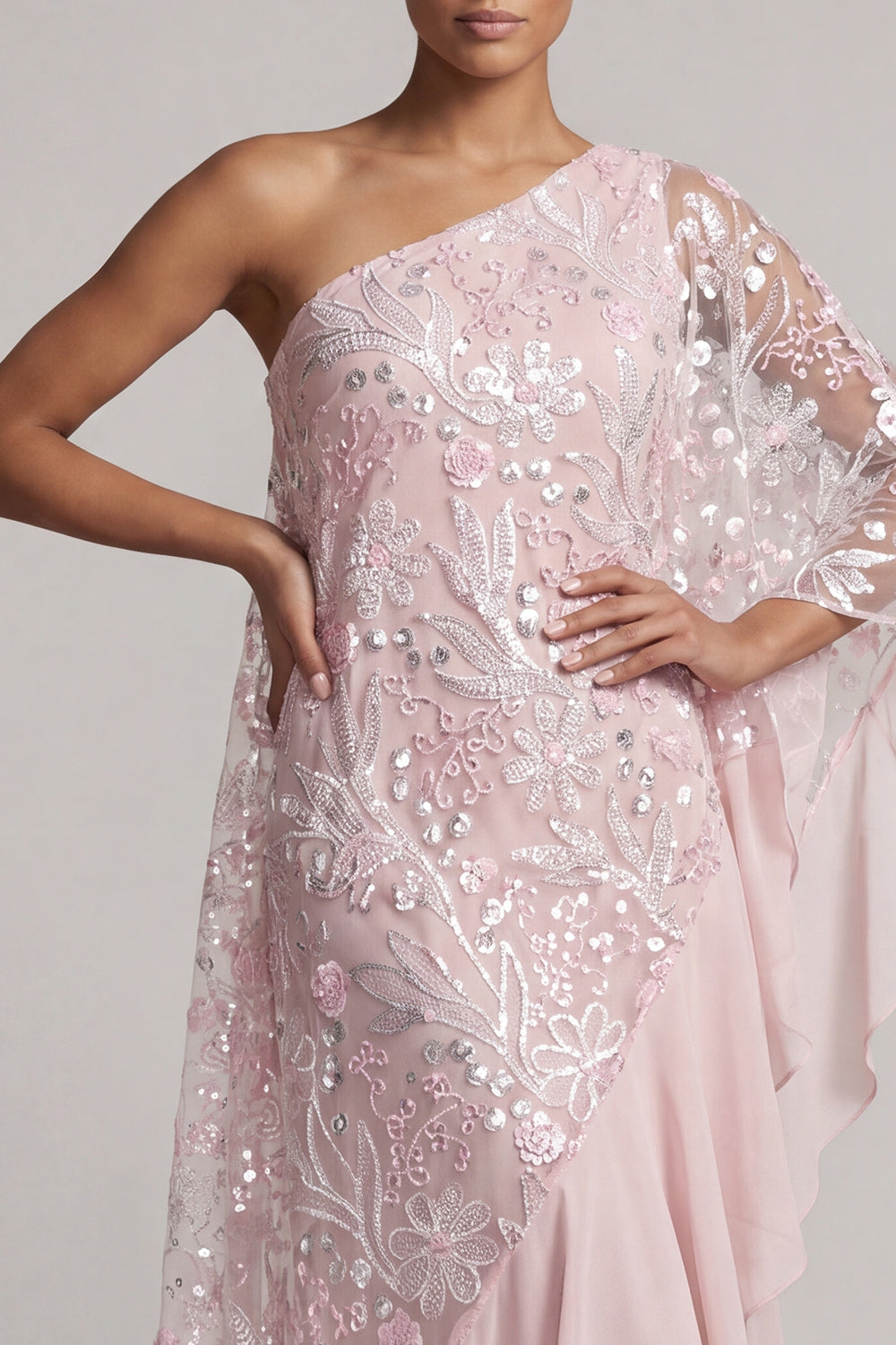 Sparkly Pink Beaded One Shoulder Asymmetrical Floral Wedding Guest Dress