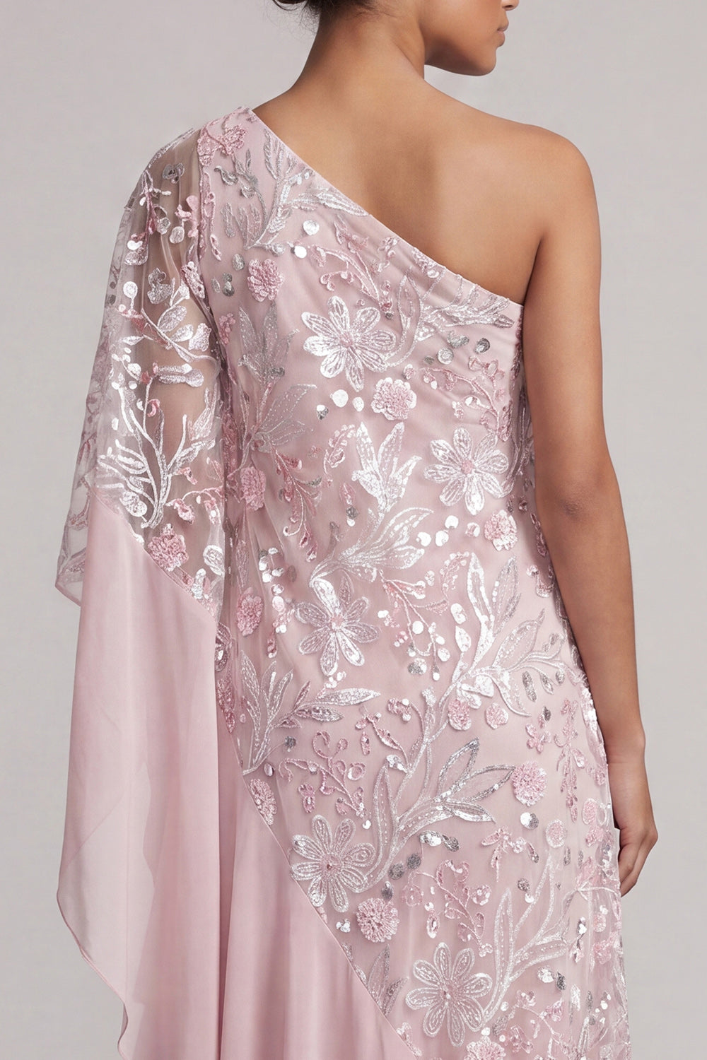 Sparkly Pink Beaded One Shoulder Asymmetrical Floral Wedding Guest Dress