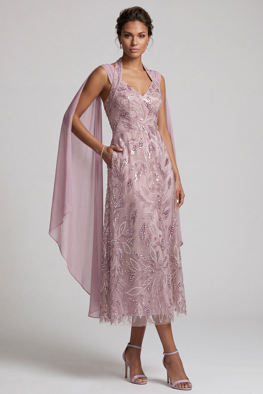 Fog Sparkly A Line Floral Midi Beaded Wedding Guest Dress with Pockets