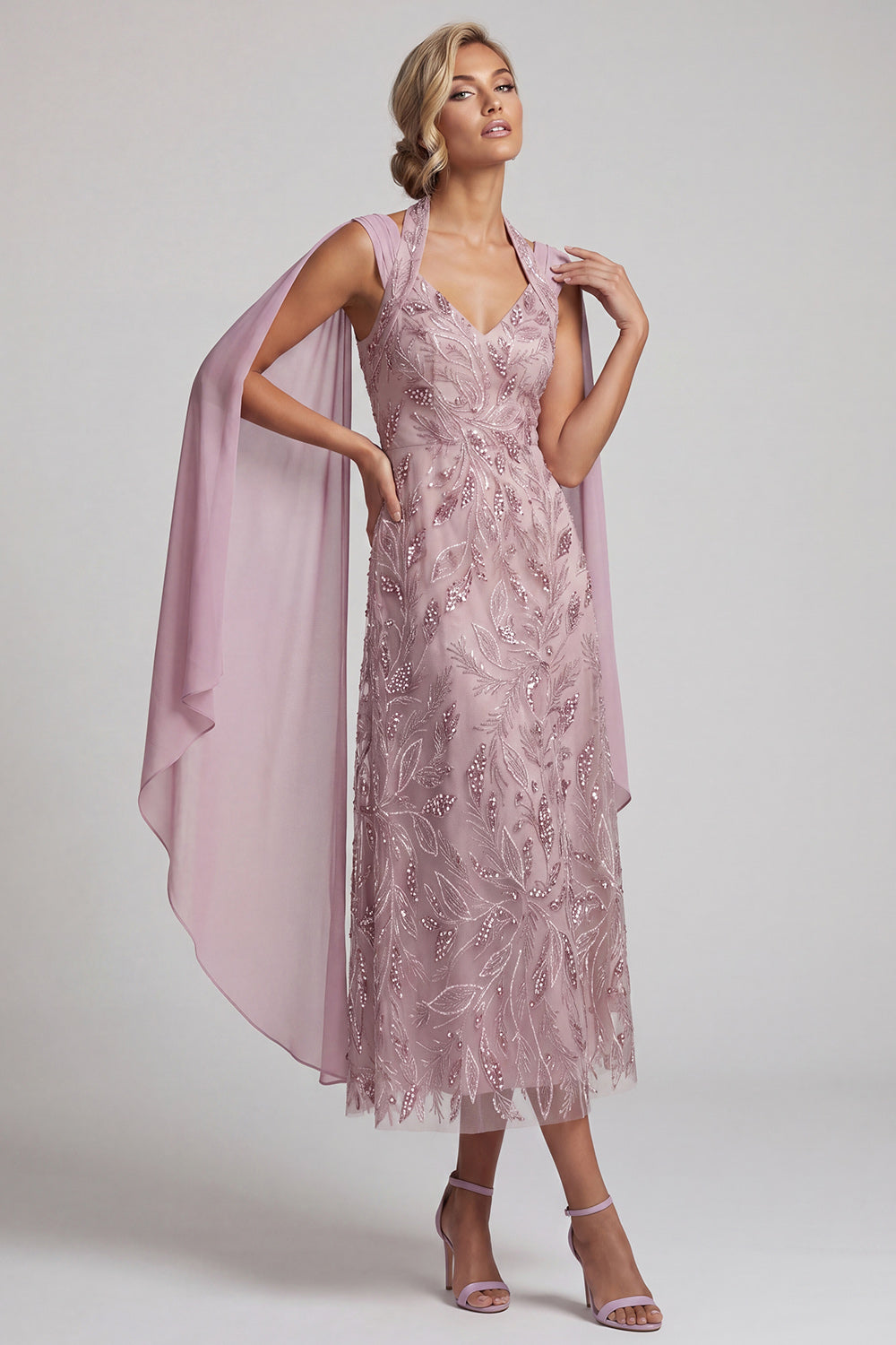 Fog Sparkly A Line Floral Midi Beaded Wedding Guest Dress with Pockets