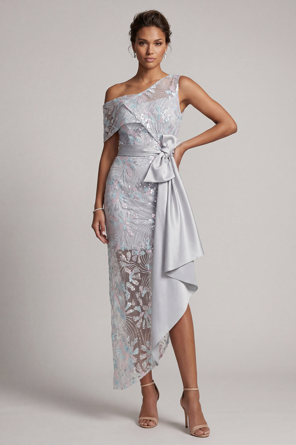 Floral Light Grey One Shoulder Asymmetrical Wedding Guest Dress with Bow