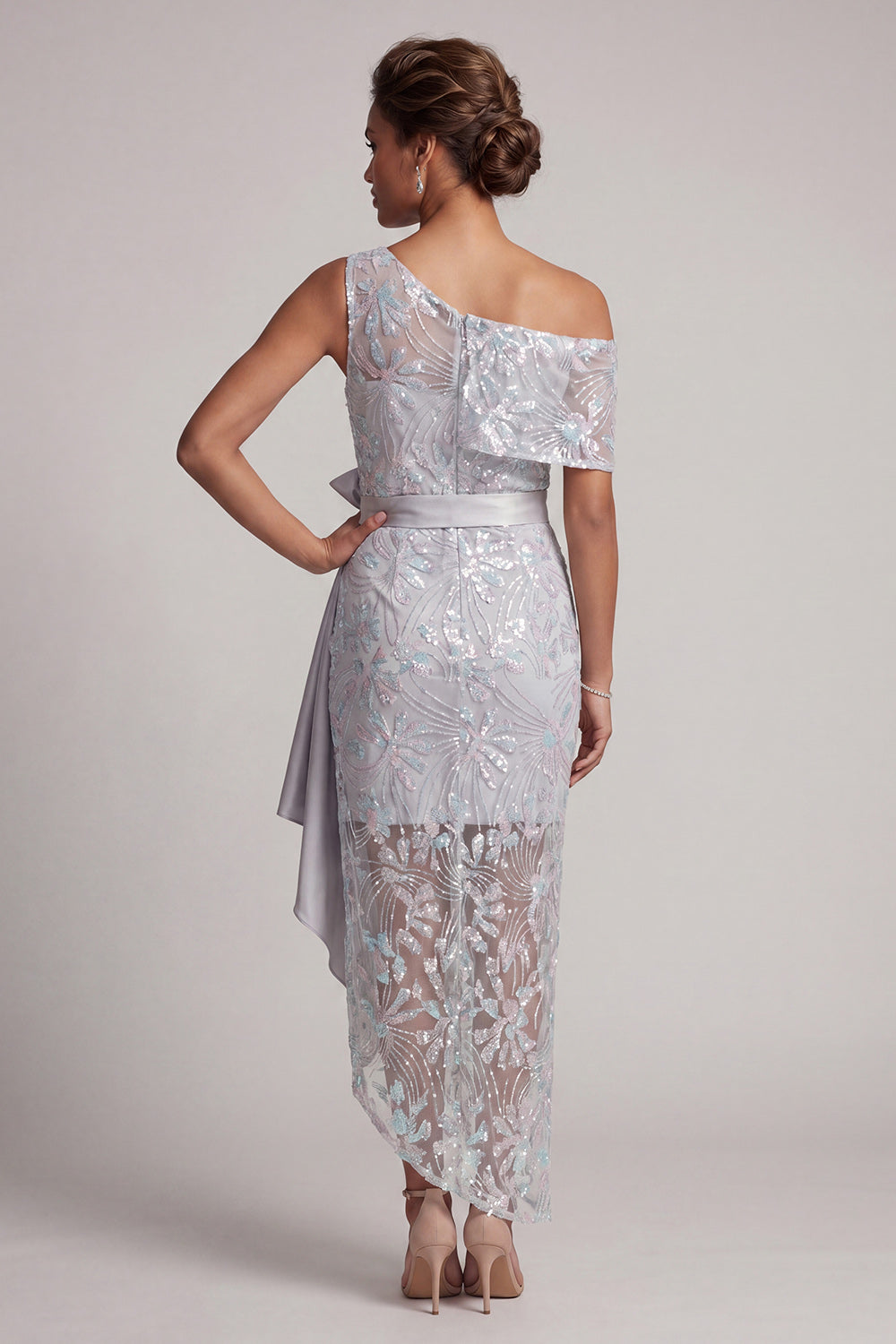 Floral Light Grey One Shoulder Asymmetrical Wedding Guest Dress with Bow