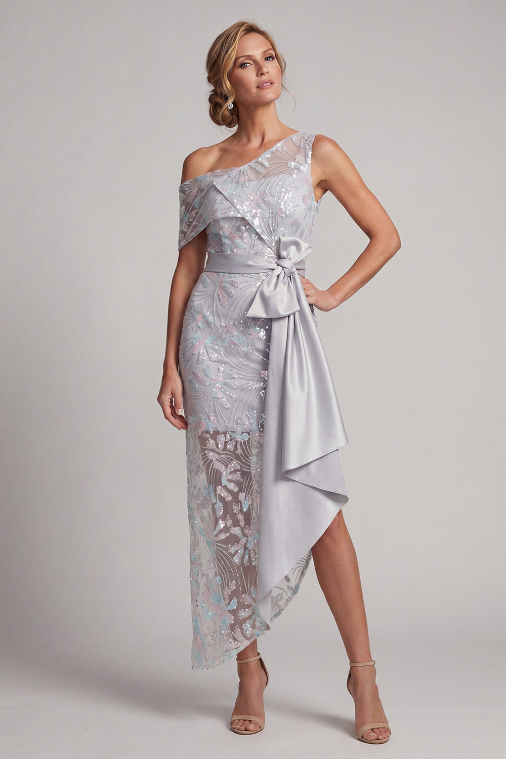 Floral Light Grey One Shoulder Asymmetrical Wedding Guest Dress with Bow