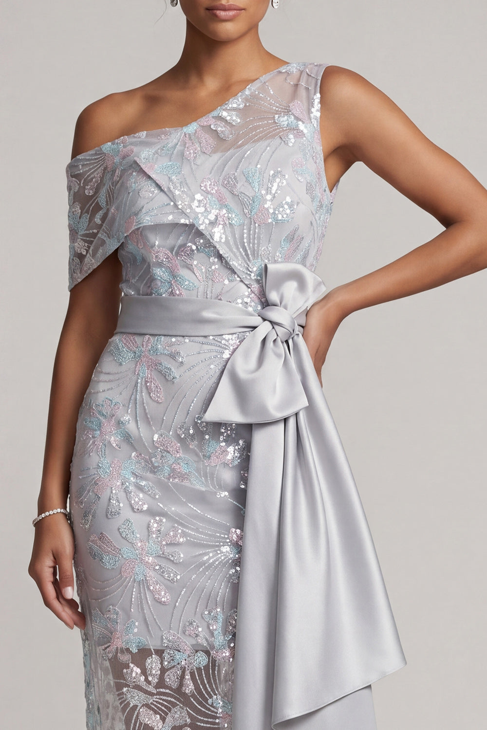 Floral Light Grey One Shoulder Asymmetrical Wedding Guest Dress with Bow