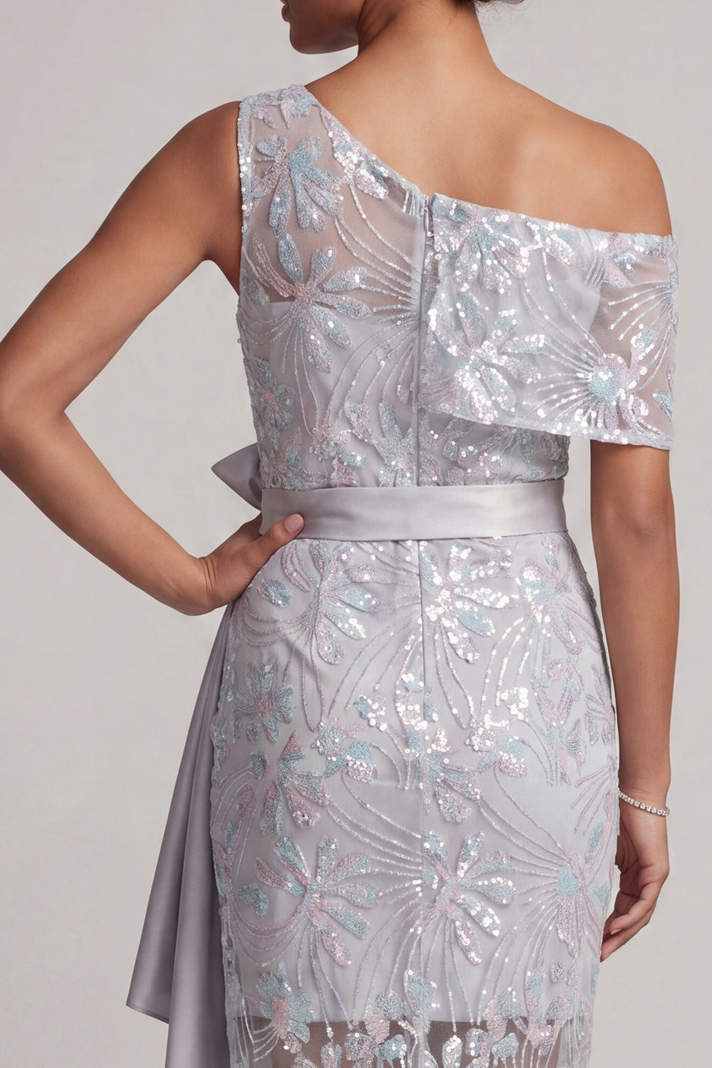 Floral Light Grey One Shoulder Asymmetrical Wedding Guest Dress with Bow