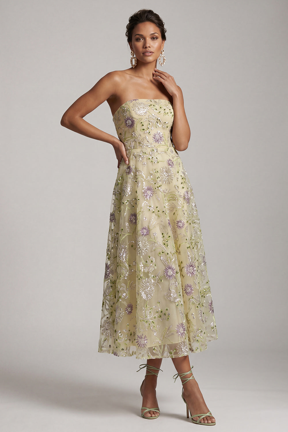 Floral Sparkly Dusty Sage A-Line Strapless Beaded Midi Wedding Guest Dress