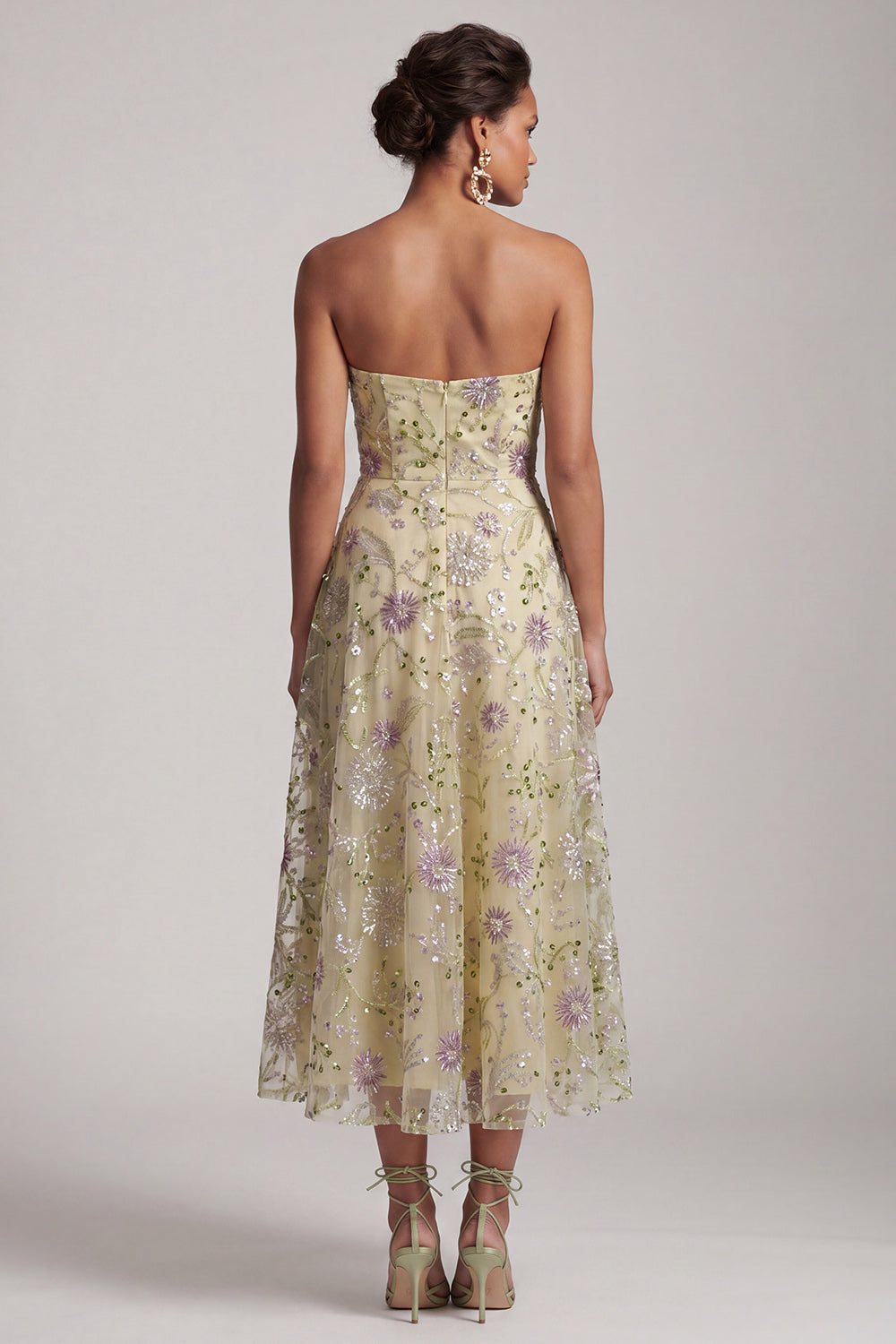 Floral Sparkly Dusty Sage A-Line Strapless Beaded Midi Wedding Guest Dress