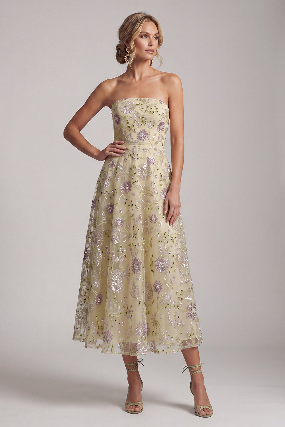 Floral Sparkly Dusty Sage A-Line Strapless Beaded Midi Wedding Guest Dress