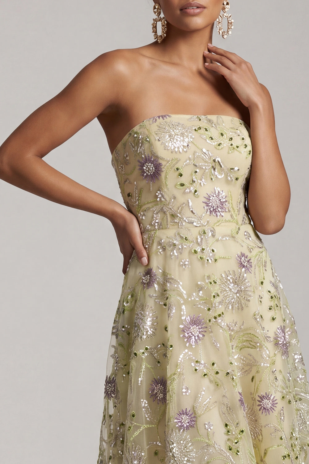 Floral Sparkly Dusty Sage A-Line Strapless Beaded Midi Wedding Guest Dress