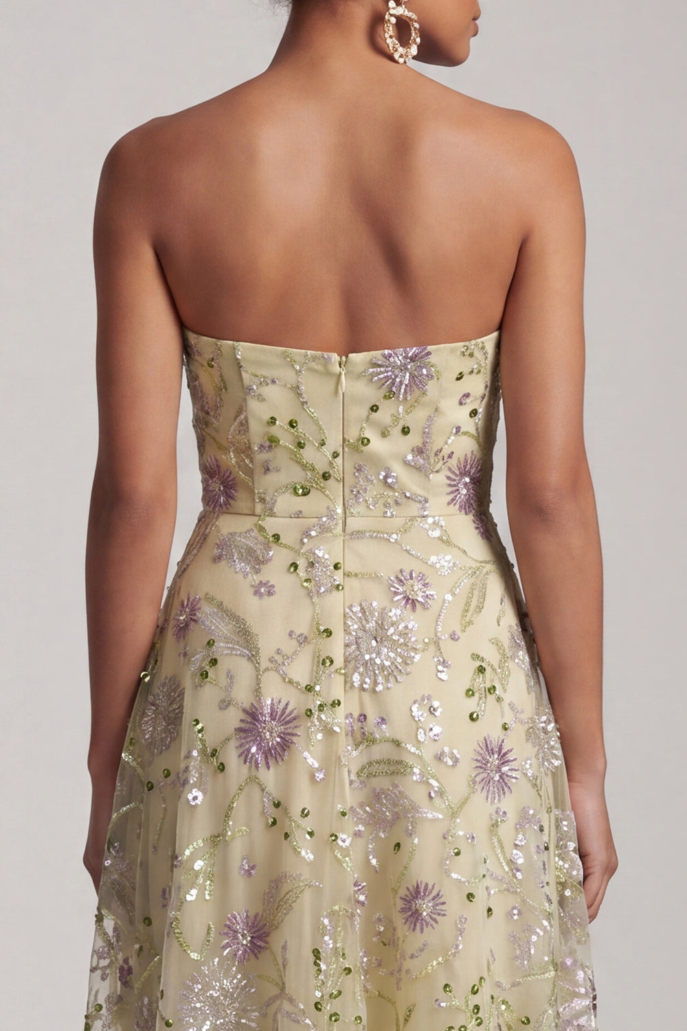Floral Sparkly Dusty Sage A-Line Strapless Beaded Midi Wedding Guest Dress